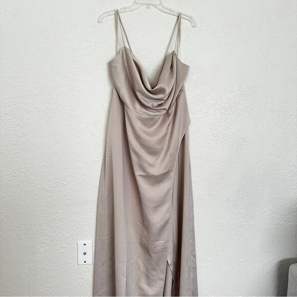 NWT BHLDN Anthropologie Champagne Remy Cowl Neck Faux Wrap Satin Gown 18W - Picture 3 of 10